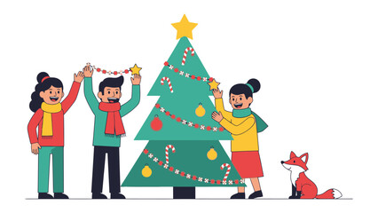 Joyful Christmas Tree Decorating: A group of friends and a curious fox collaboratively adorn a vibrant Christmas tree with garlands, ornaments, and a radiant star.