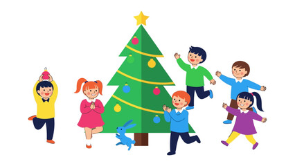 Festive Joy: A charming illustration capturing the excitement of children reveling around a vibrant Christmas tree, symbols of joy and anticipation.