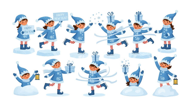 Winter Elves in Celebration: A cheerful ensemble of elves clad in winter attire revels in the snowy landscape. Embracing the essence of festive cheer with joyful expressions and gestures.