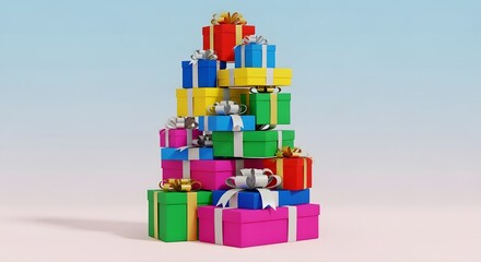 Stack of colorful gift boxes wrapped with ribbons on light blue background