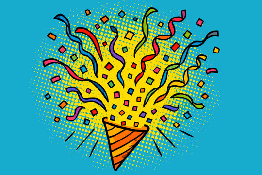 Confetti Explosion Art. Cone of confetti explodes with colorful pieces shooting in all directions. The confetti is depicted in vibrant, varied hues, against a. Vector illustration