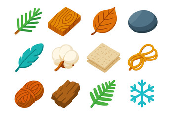 Vibrant Nature Icons. Natural Elements flat icon set: pine branch, wood grain, dried leaf, pebble, feather, cotton bud, linen cloth, jute string, wool ball, bark piece, fern