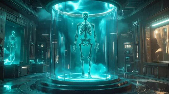 Futuristic Lab with Human Skeleton in a Glass Tube - A Sci-Fi Vision.