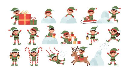 Whimsical Winter Elves: A playful collection of elves, bringing festive cheer. Depicted in a joyous scene, amidst snow and gifts, capturing the spirit of celebration.
