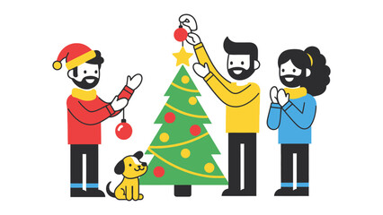 Joyful Decorating: Three individuals and a small dog create a Christmas tree with decorations. Festive family time with a classic holiday, symbolizing the spirit of togetherness.