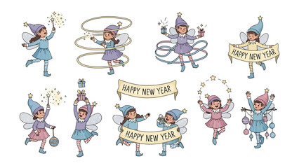 Fototapeta premium Happy New Year Elf Celebration: A festive assortment of elves, each a beacon of holiday joy and New Year cheer, frolic in a tapestry of jubilant celebration. 