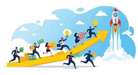 Fototapeta premium Business team running up growth arrow toward rocket launch symbolizing success, innovation, leadership, finance, motivation, and startup progress 