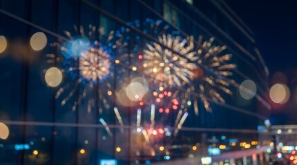 Obraz premium Fireworks Display Reflected in City Window