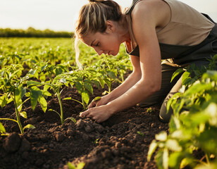 Fototapeta premium Woman planting seedlings in a field, tending to young plants.