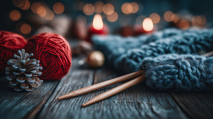 Warm, soft wool and knitting needles sit on a rustic wood surface. Red yarn and a pinecone add to the Winter mood, with Christmas lights glowing softly