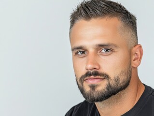 Close-up portrait of a confident Caucasian man with short hair and a beard, exuding charm and personality.