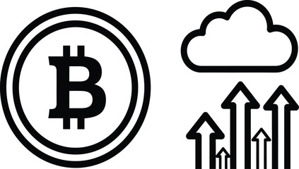 Bitcoin and cloud growth icons representing cryptocurrency rise, digital finance, blockchain technology, online investment, and market expansion
