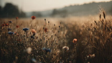 Macro of cornflowers and poppies in dewy rye yellow field