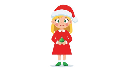 Christmas Delight: A charming young girl, adorned in a festive red dress and Santa hat, radiates joy as she tenderly holds a miniature Christmas tree, capturing the spirit of the holiday season.