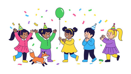 Fototapeta premium Joyful Children Celebration: A group of excited kids gather to celebrate a party, each radiating pure joy and excitement. With cheerful hats, colorful confetti, and playful balloon
