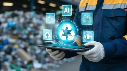 Recycling with digital technology: A waste management professional uses a digital tablet to analyze data within a recycling center, integrating technology to sort recyclable materials. - Powered by Adobe