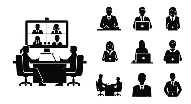 A depiction of a virtual business meeting with people and technology