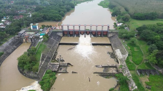 Aerial view of Serut hydroelectric dam in Bitar, East Java, Indonesia