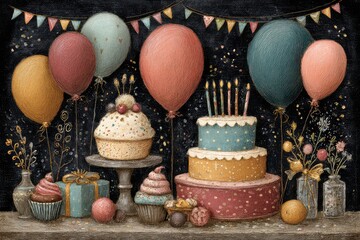 Festive chalkboard illustrations of birthday