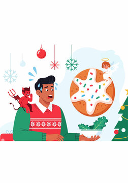 Anxious man with an angel and devil on his shoulders choosing between a healthy salad and a tempting Christmas cookie