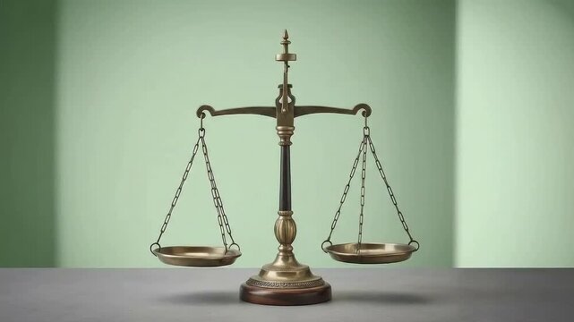 Justice Emblem: A beautifully crafted scale stands poised, symbolizing balance and fairness, with its trays empty against a softly shaded backdrop, echoing themes of jurisprudence and ethics.
