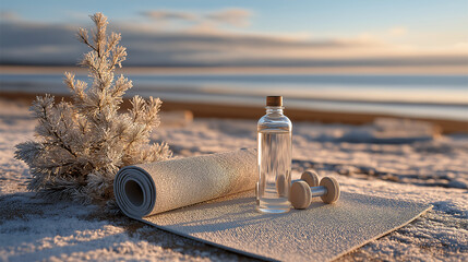 A yoga mat, a water bottle, and light dumbbells sit on the snowy ground next to a miniature christmas tree