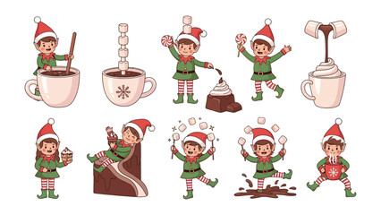 Whimsical Christmas Elf: A collection of delightful elf characters immersed in a sweet festive scene, each engaging in various playful activities surrounding delicious cocoa and treats. 