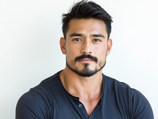 Fototapeta premium Confident portrait of a young Asian man with a beard, showcasing charisma and strength.