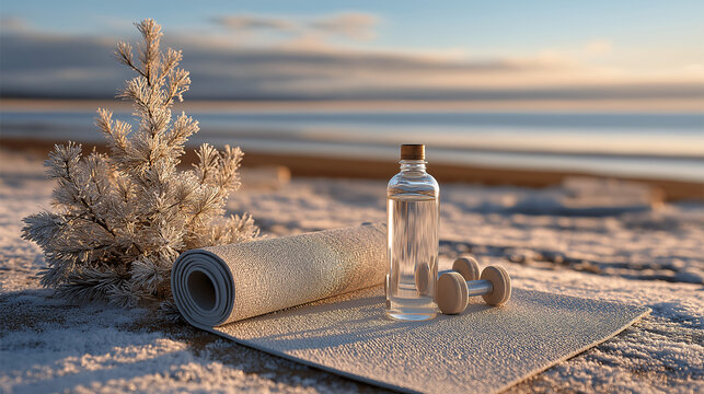 A yoga mat, a water bottle, and light dumbbells sit on the snowy ground next to a miniature christmas tree - Powered by Adobe