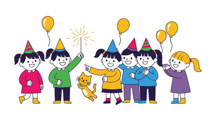 Childhood Festivities: A playful illustration depicts a lively scene of young children, immersed in the spirit of a joyous celebration, surrounded by colorful balloons and a cheerful atmosphere. 