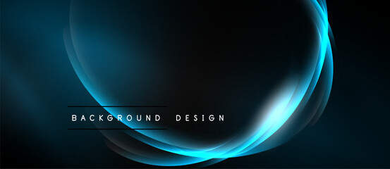 Abstract neon lines create flowing shapes. Dark background emphasizes bright blue glow, modern design element.