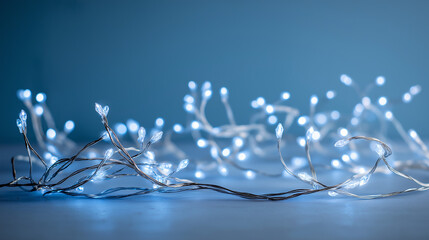 Delicate white Christmas lights glow softly against a blue background. This creates a peaceful and festive mood, perfect for celebrating the holidays and winter season