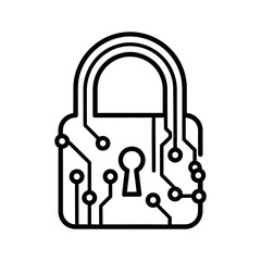 A detailed black outline vector line icon of a padlock integrated with circuit board pathways and a keyhole symbolizing strong data integrity