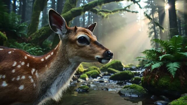 Cute young spotted deer drinking fresh water from a river in a magical green forest with sunbeams shining through the trees and mossy rocks then looking up with water dripping from its mouth
