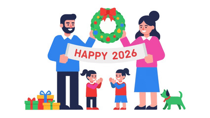 Family's Joyful 2026 Celebration: A cheerful family radiates holiday joy and warmth, holding a festive wreath and a banner with 'HAPPY 2026' in a heartwarming display of togetherness.