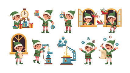 Elf Holiday Cheer: A collection of cheerful elves engaged in various activities, each brimming with holiday spirit and festive preparations, bringing to life the magic of the season.