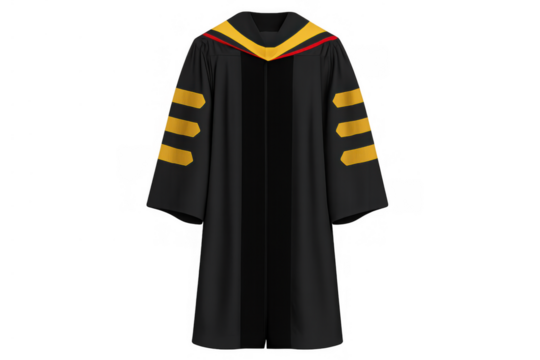Academic regalia gown with golden bars and red trim, symbolizing graduation, doctorate, and success, transparent background