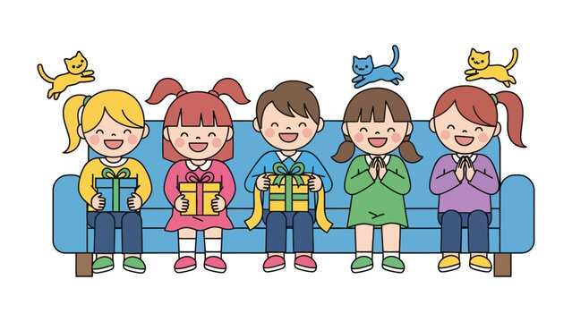 Gift Giving: joyful children with delighted expressions hold wrapped presents on a vibrant blue couch, surrounded by playful cats, evoking the excitement and anticipation of a special occasion.