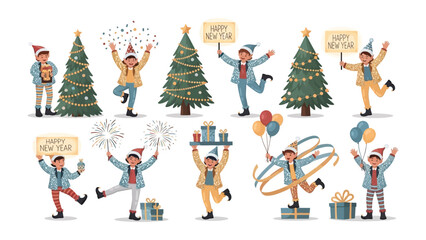 Holiday Fun and Festive Celebrations: A lively scene filled with joy and merriment, capturing the spirit of festivities and holiday cheer with decorated fir trees and individuals in holiday attire. 