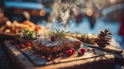 A perfectly grilled steak, garnished with rosemary and cranberries, rests on a wooden board outdoors during Christmas. The setting is cozy with warm, inviting lights