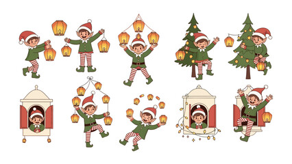 Elf Christmas Scene Collection: Charming elves, adorned in festive attire, light up the holiday spirit with lanterns and a decorated tree.