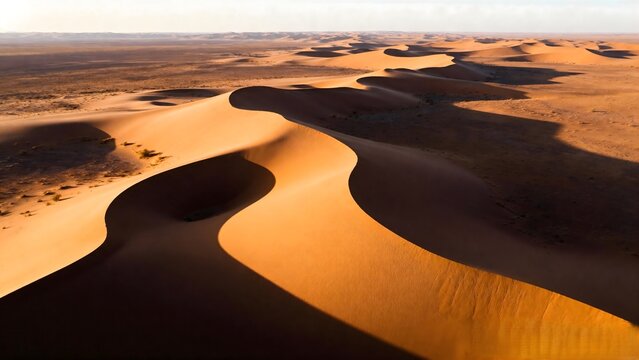 Aerial View of Rolling Sand Dunes in Golden Desert Light - Powered by Adobe