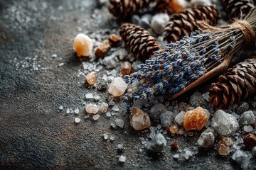 Flat lay of Dried Lavender with Pinecones and Winter Salt