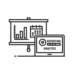 Business presentation screen showing bar chart and calendar next to a tablet displaying reporting and analysis progress bar icon isolated on