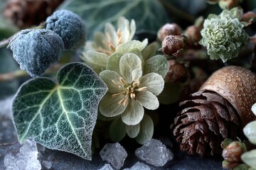 Flatlay of Frosted Ivy with Winter Salt Crystals and Pin