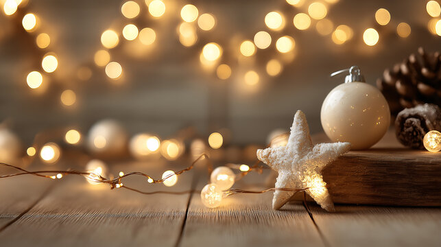 A rustic wooden surface holds festive ornaments, including a star and bauble, illuminated by warm, twinkling Christmas lights, creating a cozy and inviting holiday scene