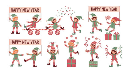 Fototapeta premium New Year's Elves Celebration: Festive elves in colorful costumes jubilantly celebrate the New Year with banners, gifts, and joyful antics.