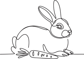 Continuous line art illustration of rabbit resting near carrot with handmade contour