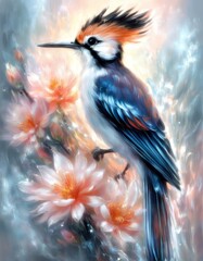 My Colorful Hoopoe &ndash; AI watercolor-style image of a vibrant hoopoe surrounded by soft flowers, designed for high-quality canvas or paper printing.