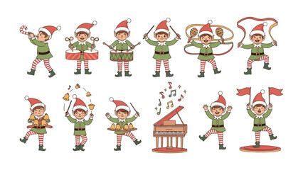 Festive Elf Symphony: A cheerful ensemble of elves in holiday attire delight with their musical prowess, playing an array of instruments with joyful energy, embodying the spirit of celebration.